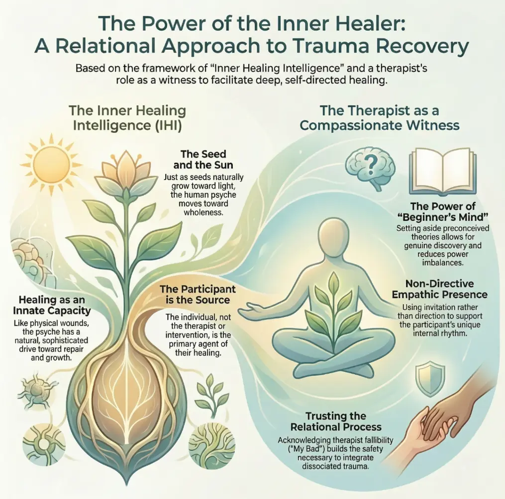 nfographic illustrating the Inner Healing Intelligence (IHI) framework and the therapist's role as a compassionate witness in trauma recovery, showing concepts such as healing as an innate capacity, the participant as the source of healing, and non-directive empathic presence.