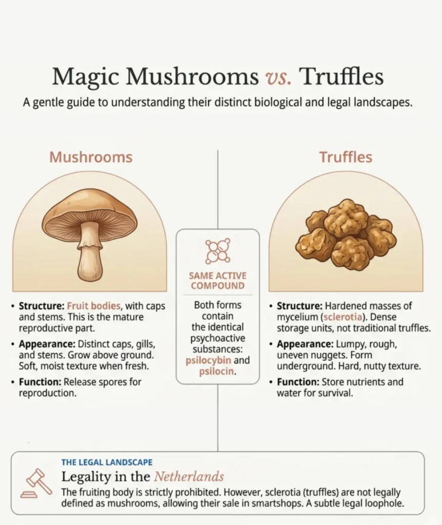 Infographic comparing magic mushrooms and magic truffles, showing their biological differences in structure, appearance, and function, with a note on their legal status in the Netherlands.