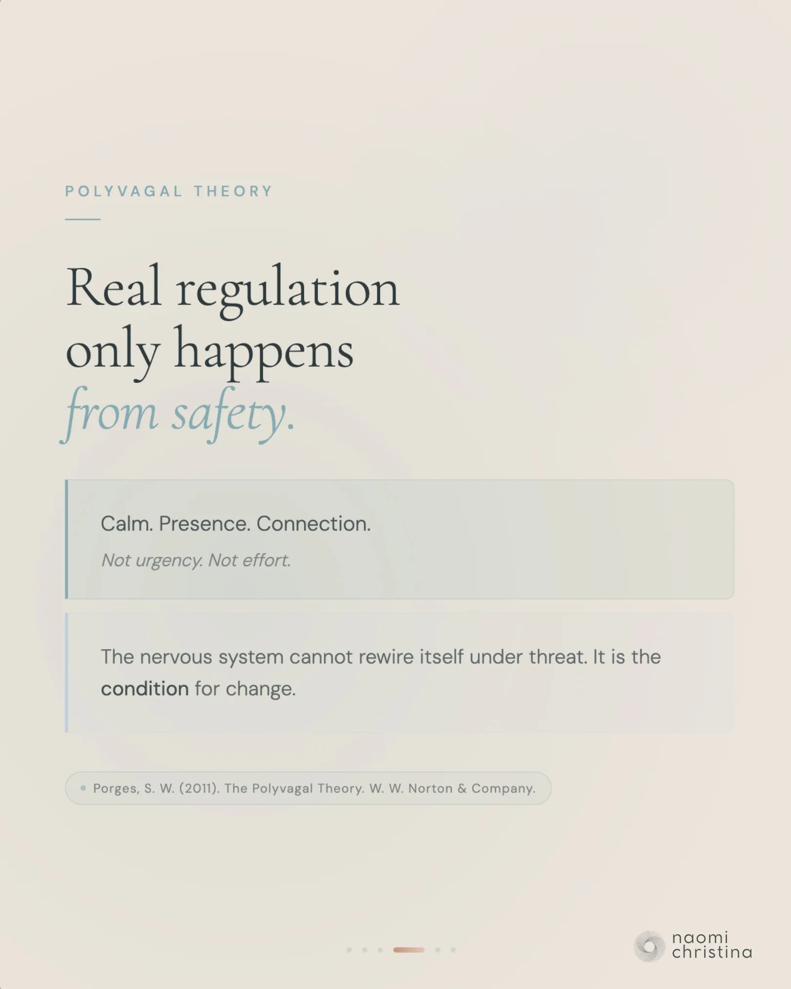 Slide: 'Real regulation only happens from safety' — Polyvagal Theory, citing Porges (2011)