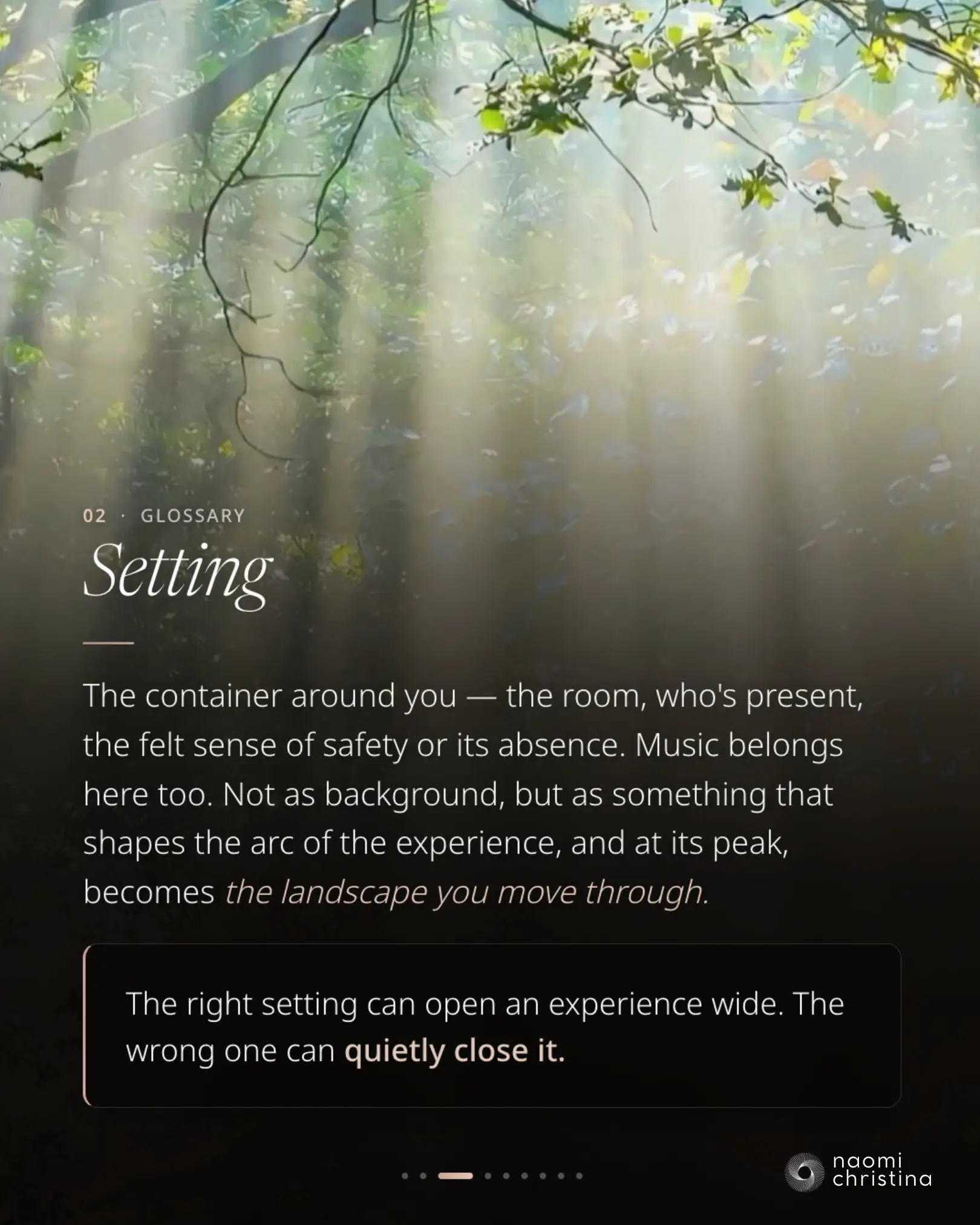 Glossary slide 2, Setting — the room, who's present, and the role of music in shaping the experience