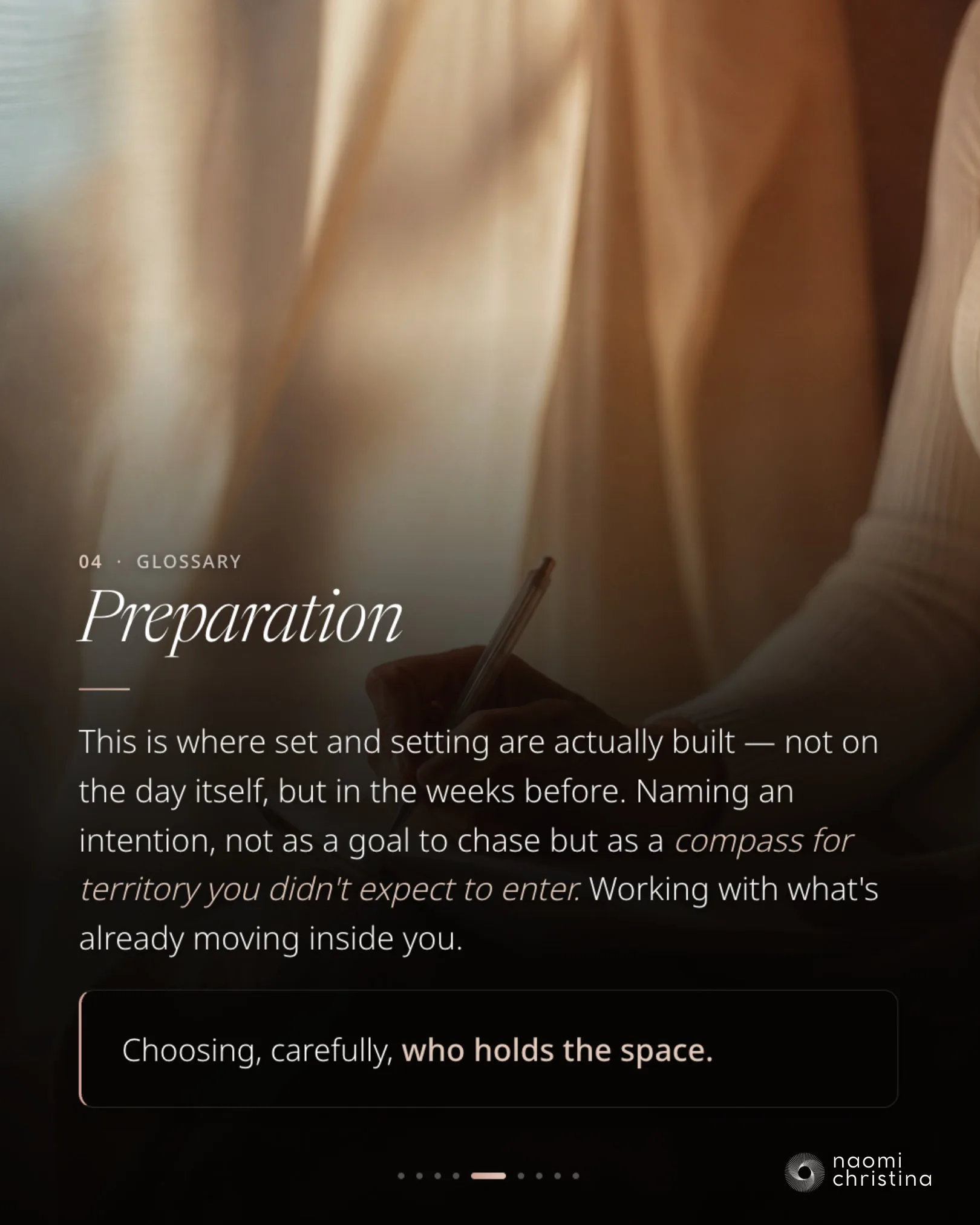 Glossary slide 4, Preparation — building set and setting in the weeks before, naming an intention and choosing who holds space