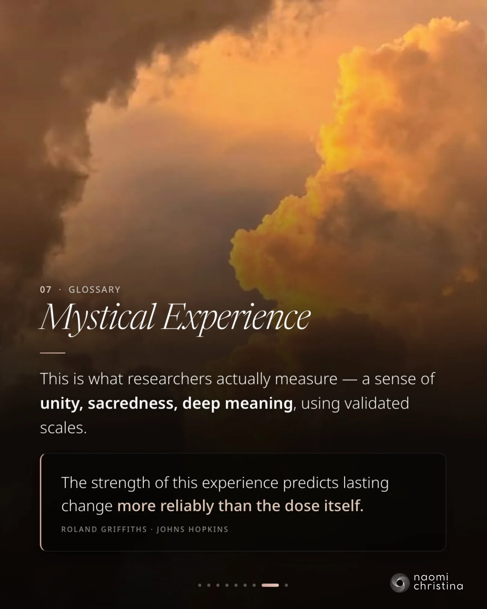 Glossary slide 7, Mystical Experience — unity, sacredness and meaning, quoting Roland Griffiths of Johns Hopkins