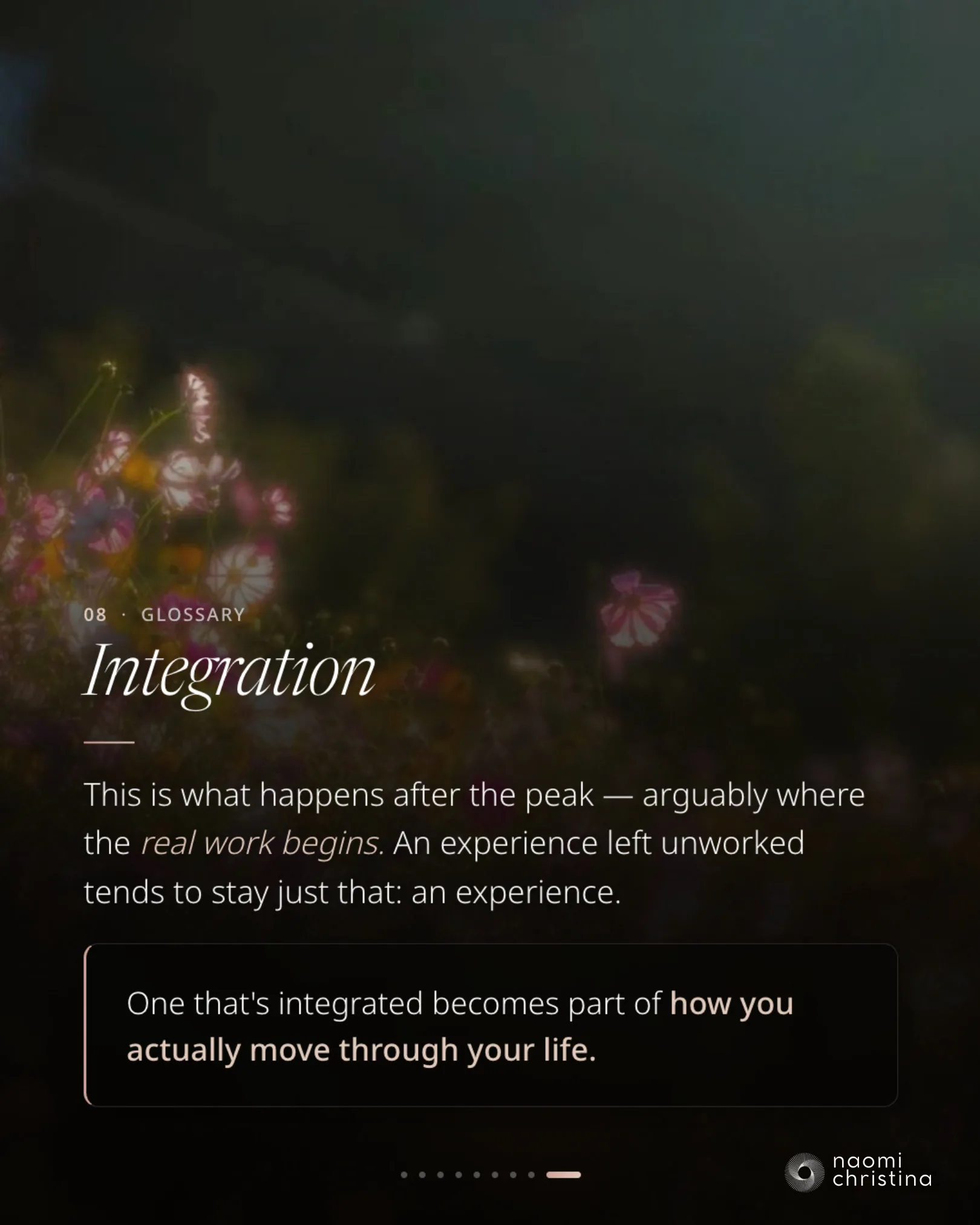 Glossary slide 8, Integration — the real work that happens after the psychedelic peak experience